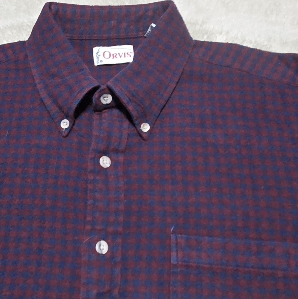 Orvis Mens Burgundy and Navy Plaid Flannel Shirt Mens Sz L Fisherman Fly Fishing